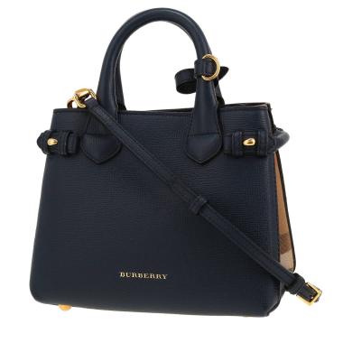 Borsa a tracolla Burberry  The Baby Banner in pelle blu marino e tela cerata Haymarket