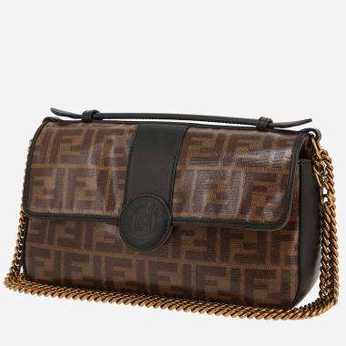 Fendi   shoulder bag  in black leather  and brown logo canvas