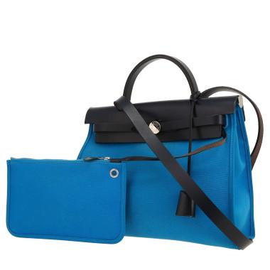 Sac porté épaule ou main Hermès  Herbag en toile bleue et cuir bleu-marine