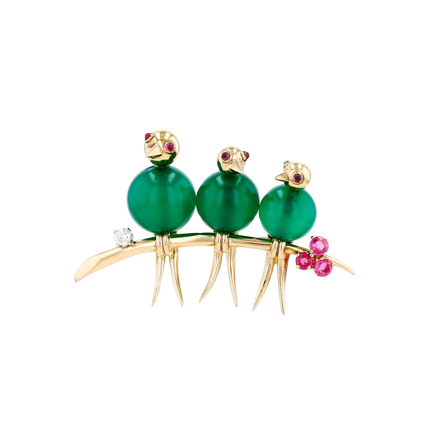 Broche Mellerio en or jaune, chrysoprase, rubis et diamant