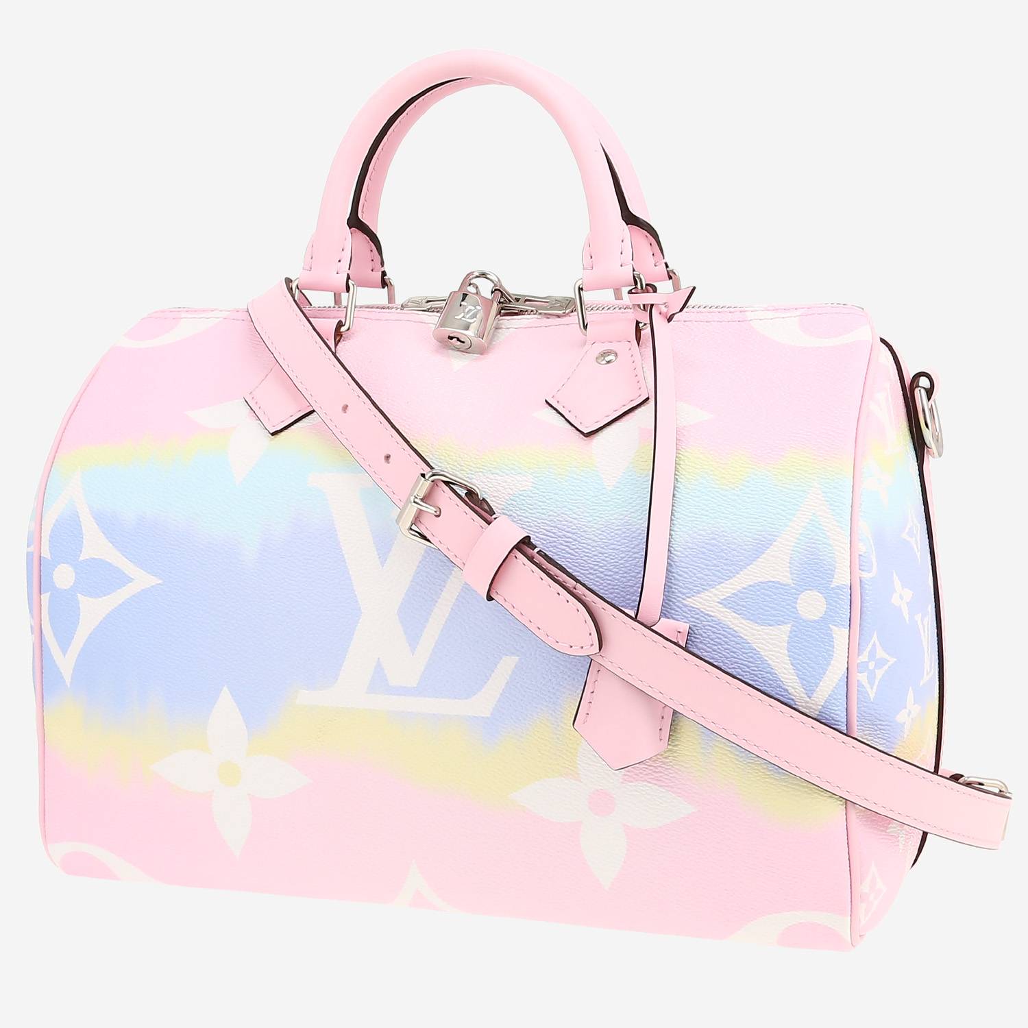 Sac bandoulière Louis Vuitton  Speedy Escale 30 en toile monogram rose et bleue et cuir rose