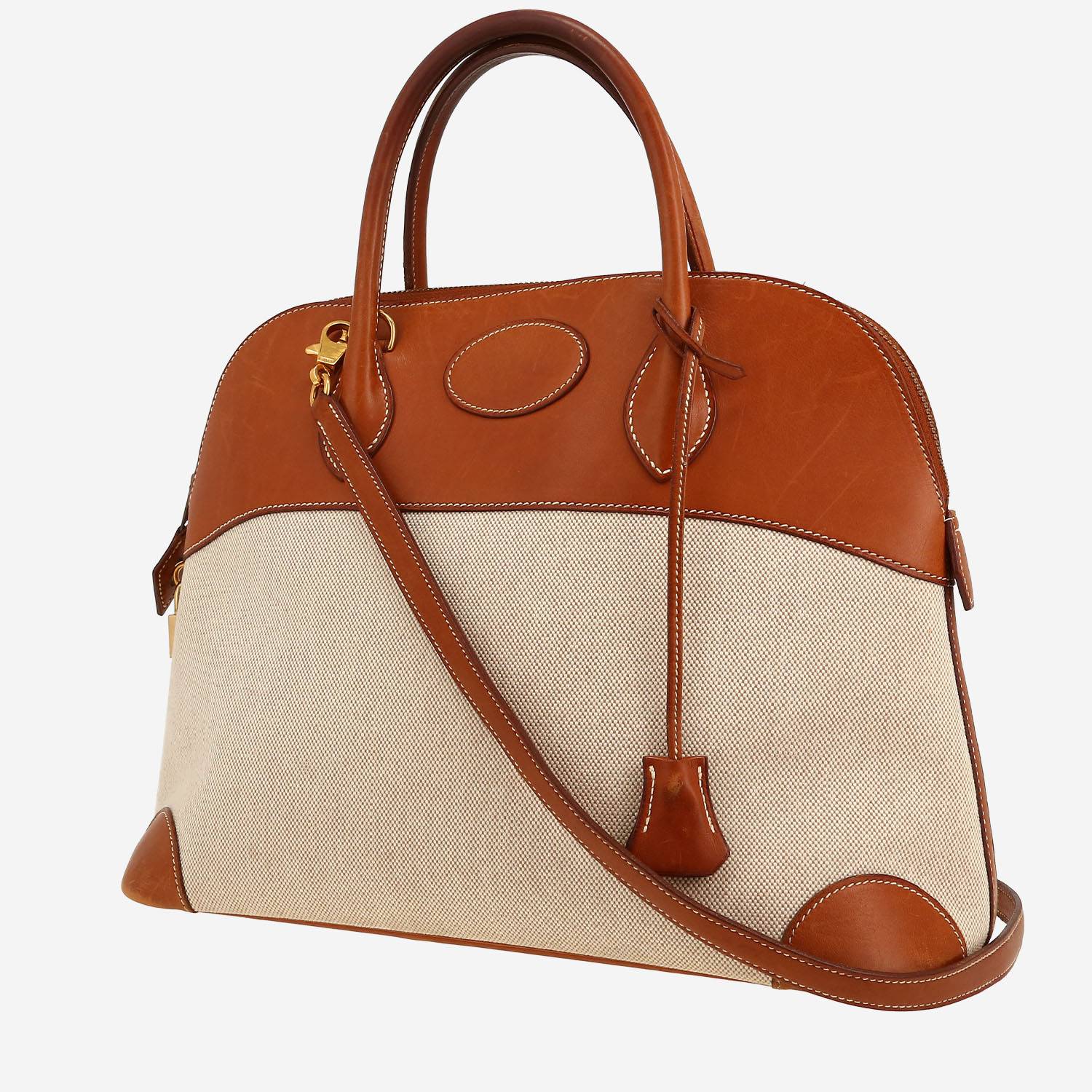 Borsa Hermès  Bolide 35 cm in pelle Barenia terra di Siena bruciata e tela beige