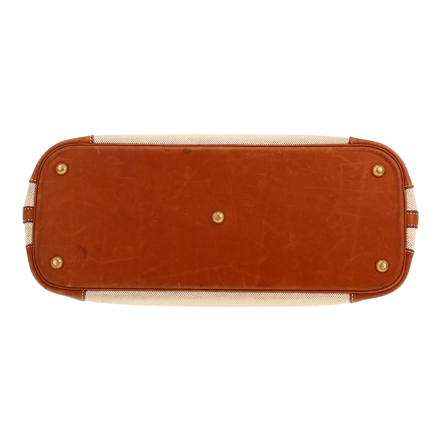 Hermès  Bolide 35 cm handbag  in fawn Barenia leather  and beige canvas - Detail D1