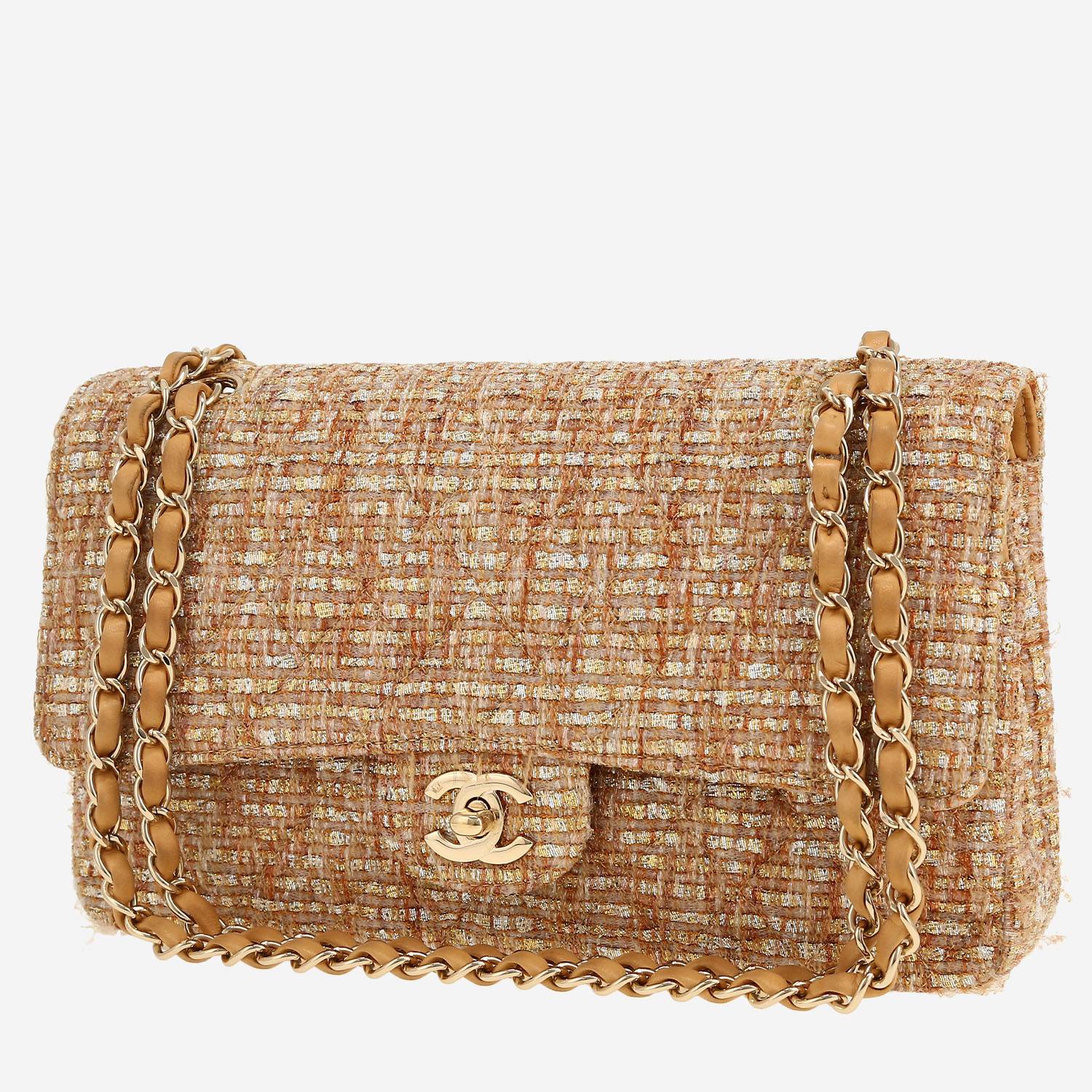 Chanel  Timeless Classic handbag  in gold tweed  and beige leather