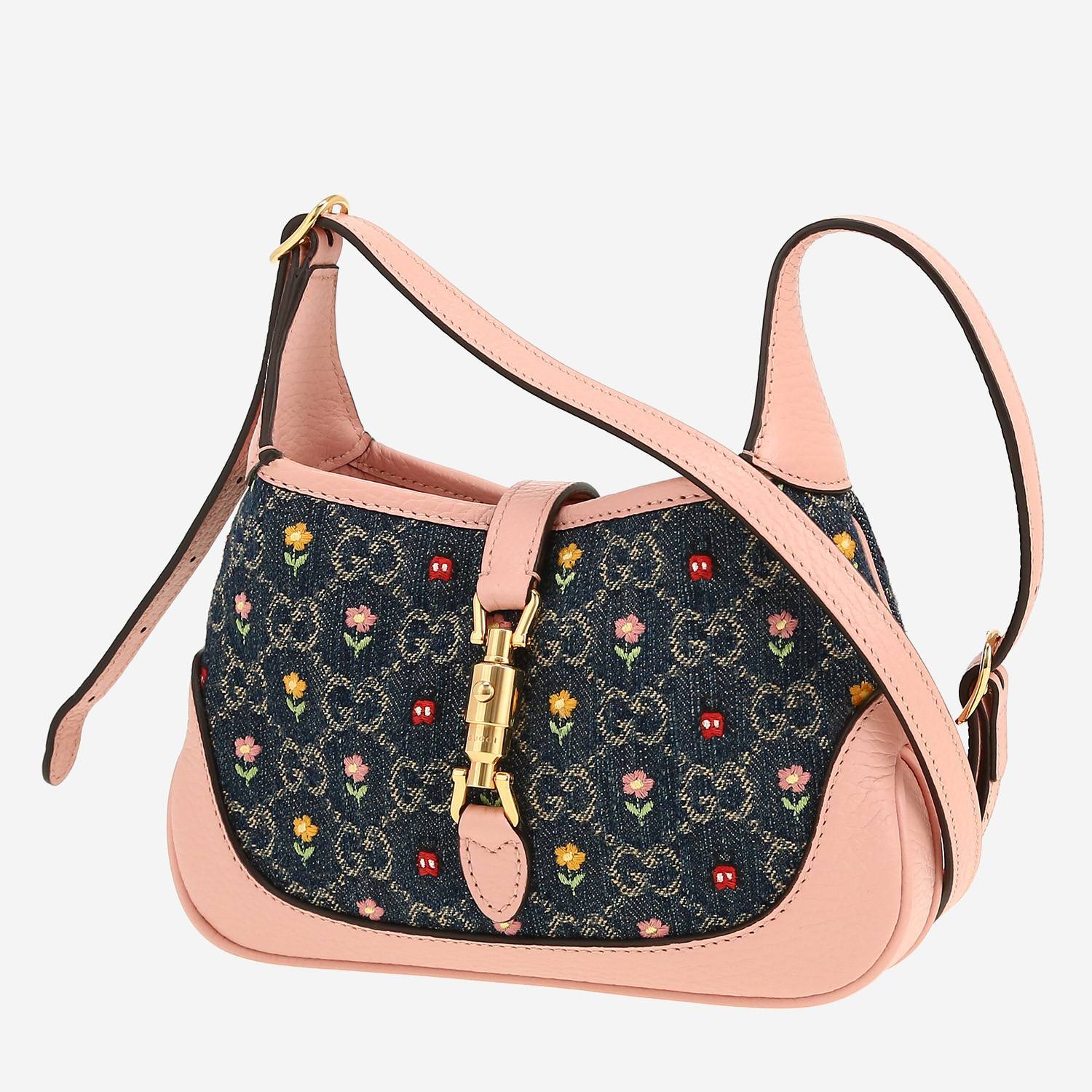 Sac bandoulière Gucci  Jackie mini  en toile denim monogrammée bleue et cuir rose