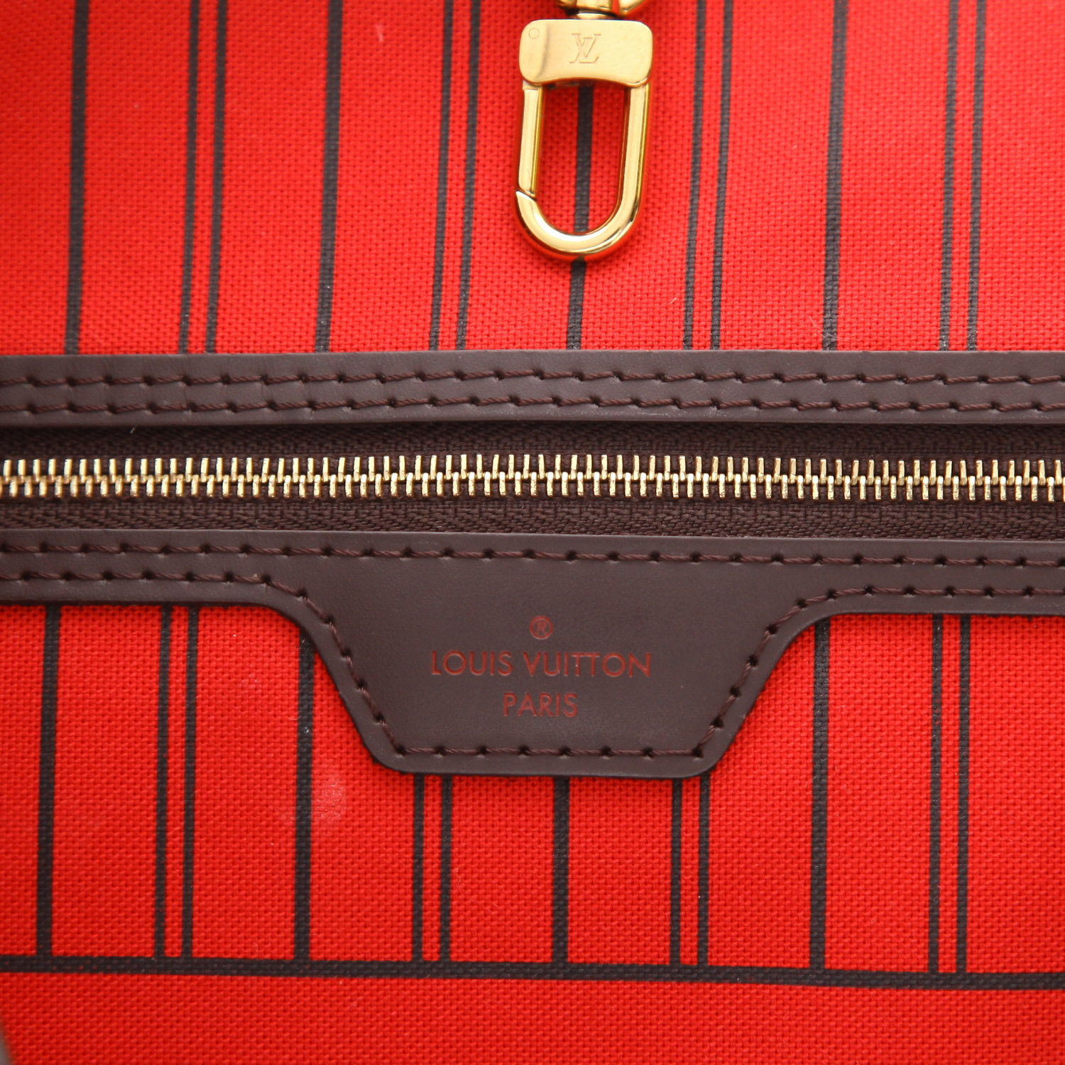 Louis Vuitton Neverfull tote bag in Ebony Damier canvas and brown leather - Detail D2