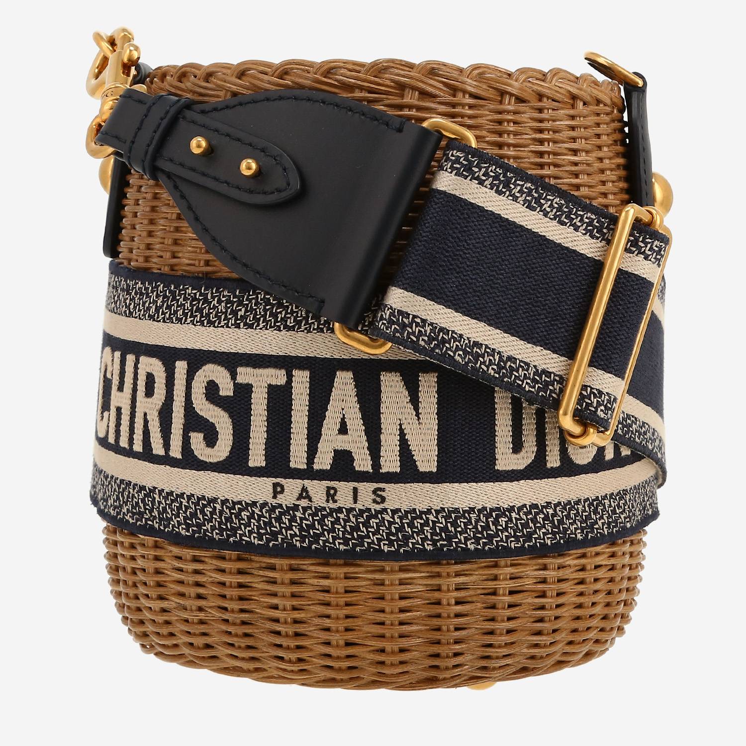 Dior  Bucket shoulder bag  in beige wicker  and navy blue leather
