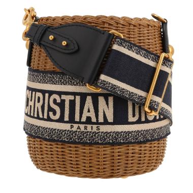 Dior  Bucket shoulder bag  in beige wicker  and navy blue leather