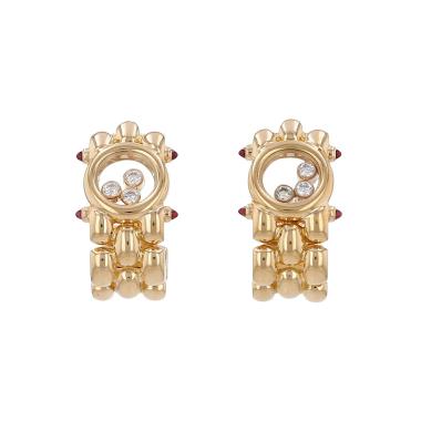Pendientes época años 90 Chopard Happy Diamonds de oro amarillo, diamantes y rubíes