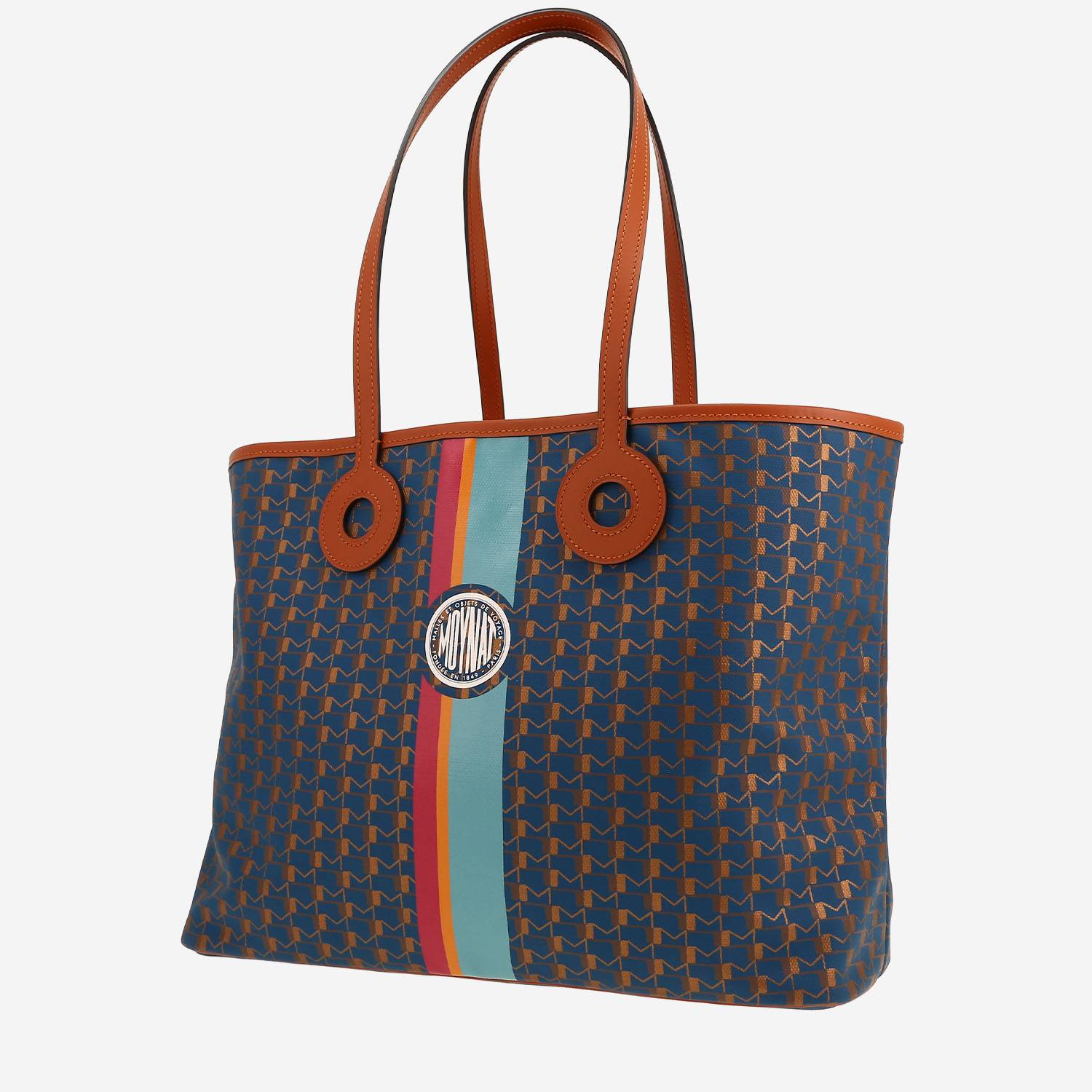 Sac cabas Moynat   en toile bleue et cuir marron
