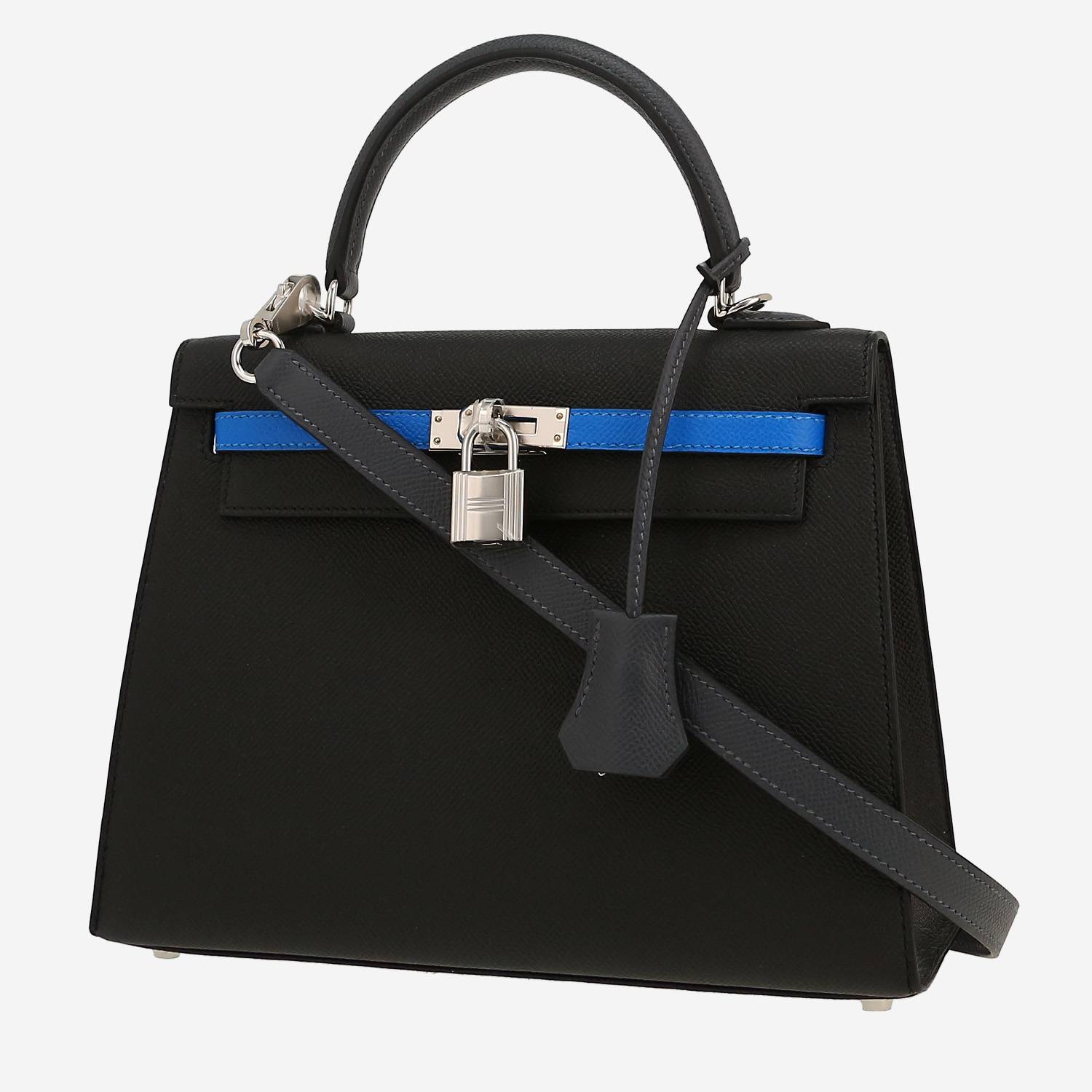 Borsa Hermès  Kelly 25 cm in pelle Epsom nera, grigio Ardoise e Bleu Hydra
