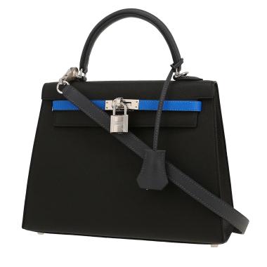 Sac à main Hermès  Kelly 25 cm en cuir epsom noir, gris Ardoise et Bleu Hydra