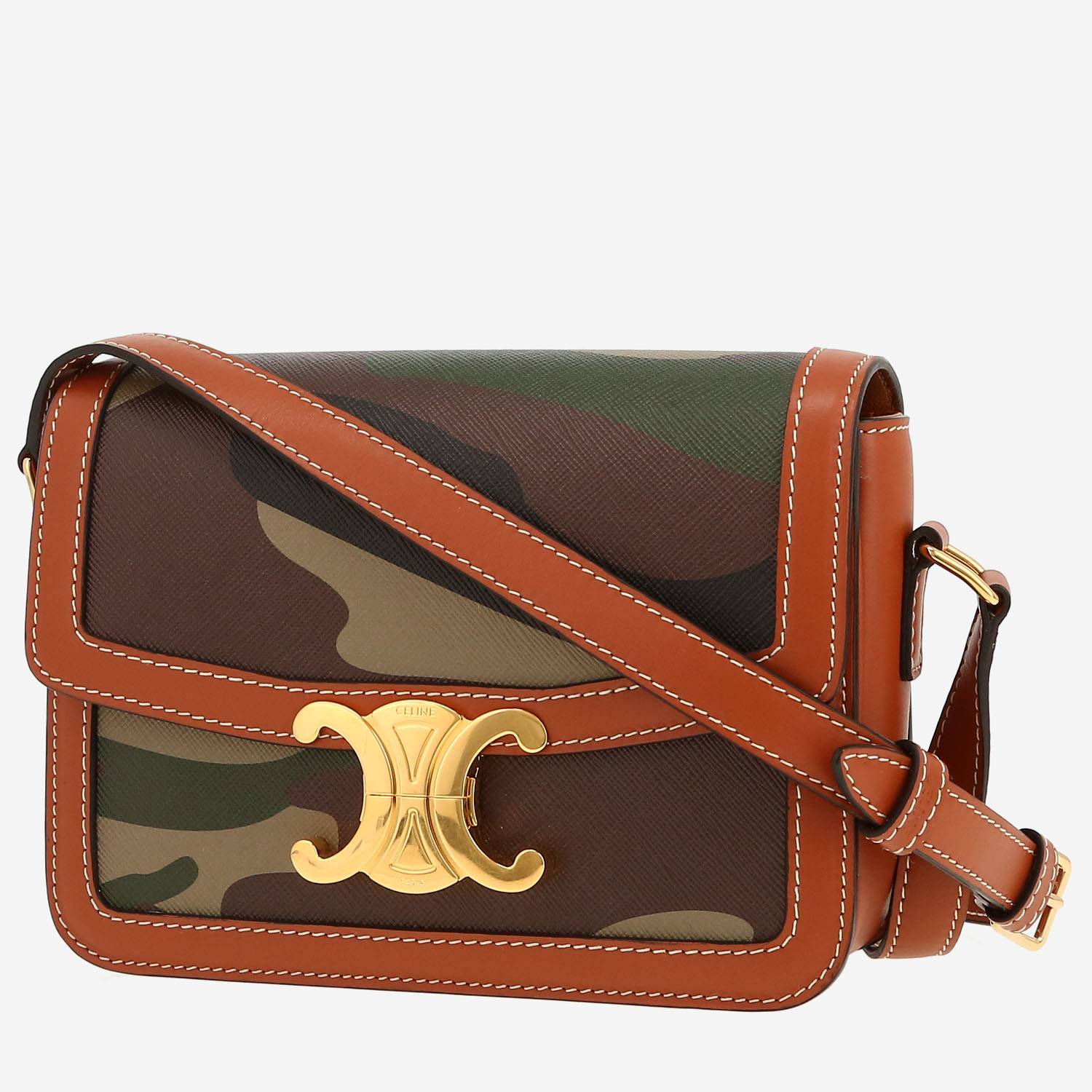 Sac bandoulière Celine  Triomphe Teen en toile verte et cuir marron