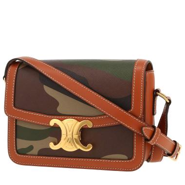 Borsa a tracolla Celine  Triomphe Teen in tela verde e pelle marrone