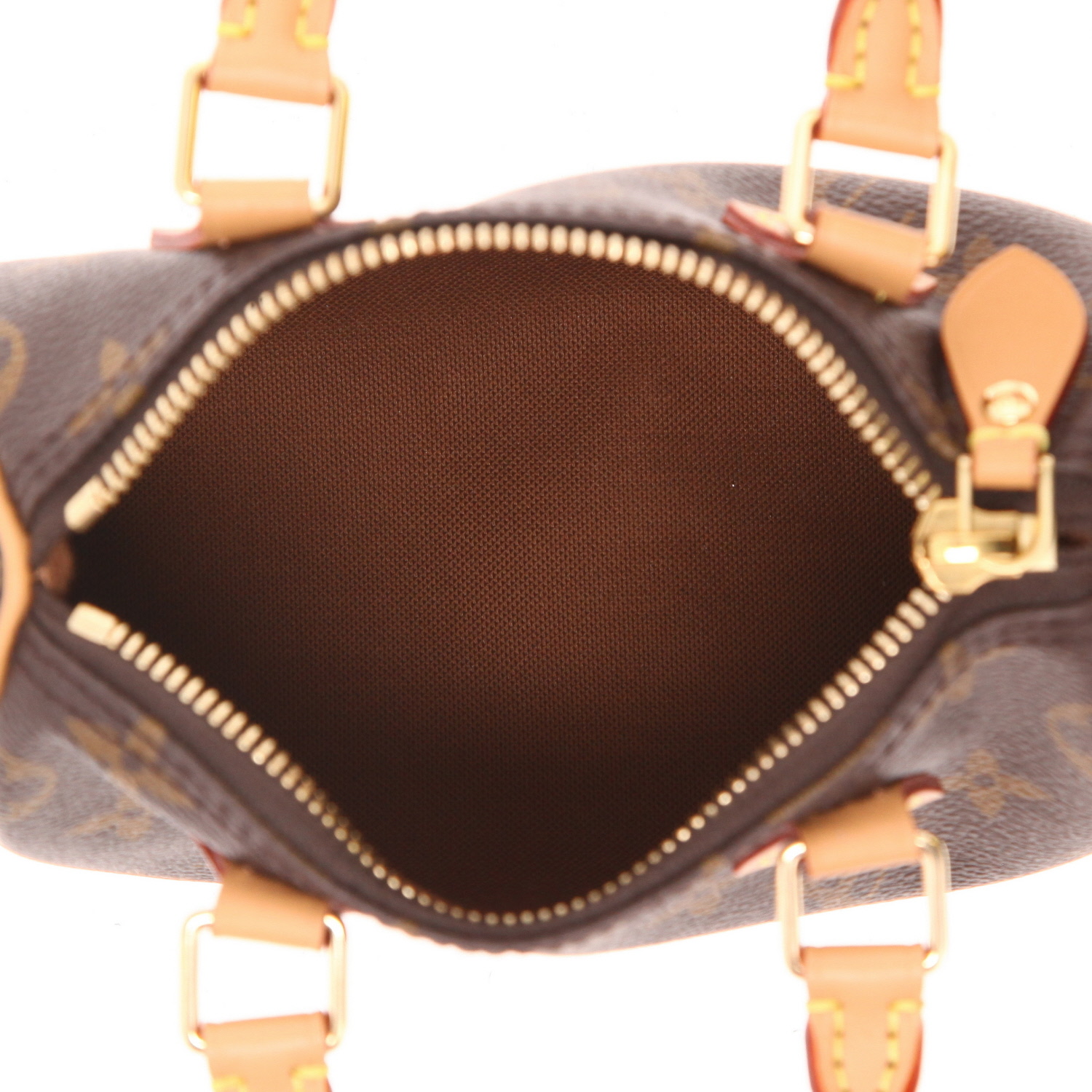 Bolso bandolera Louis Vuitton  Nano Speedy en lona Monogram marrón y cuero natural - Detail D3