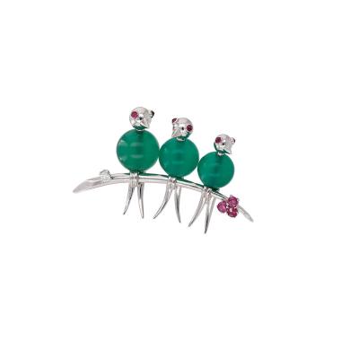 Broche Mellerio en or blanc 14k, chrysoprase, rubis et diamant