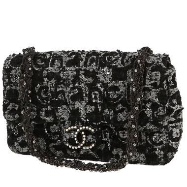 Sac à main Chanel   en toile noire et grise