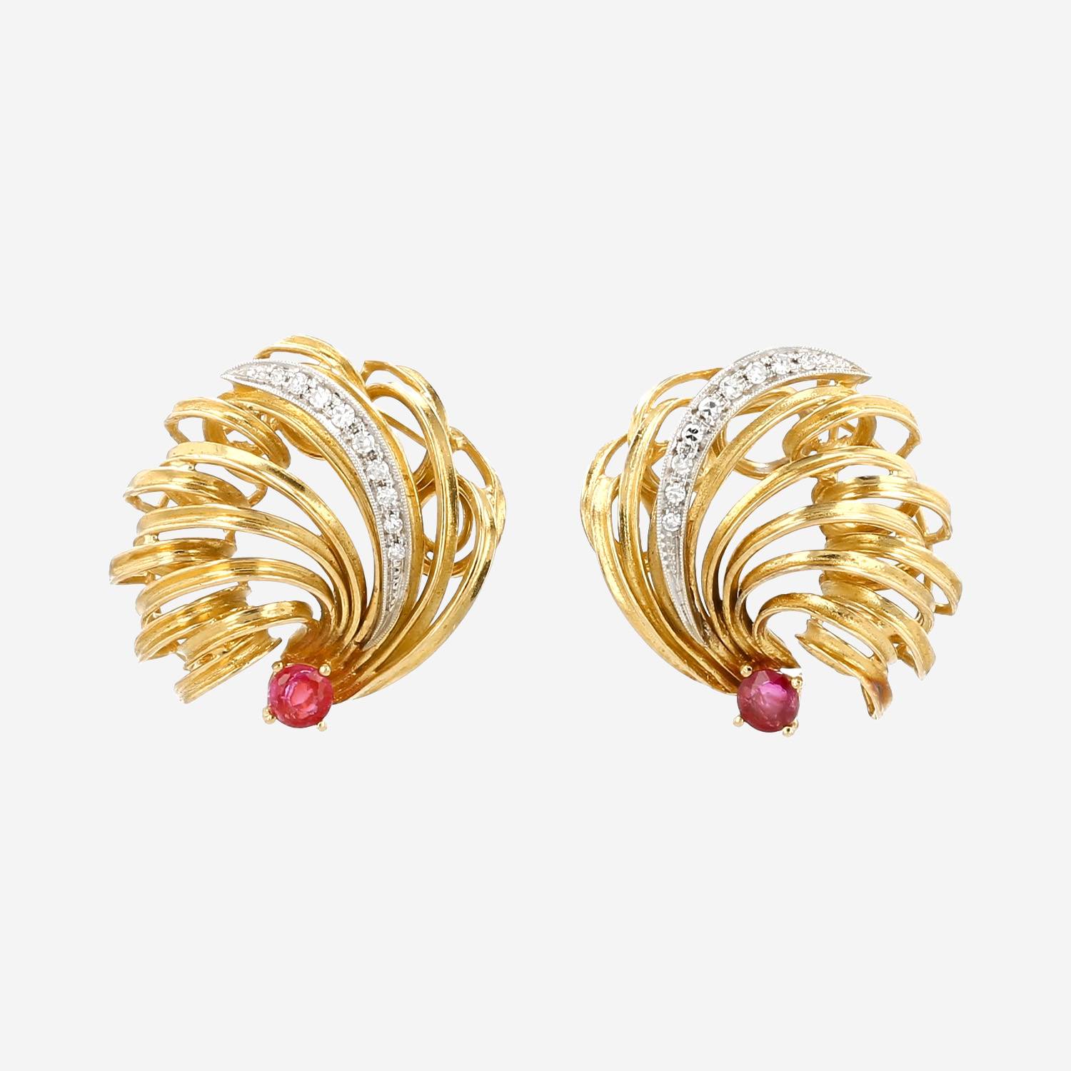 Vintage  earrings for non pierced ears in yellow gold, white gold and diamondsand in ruby