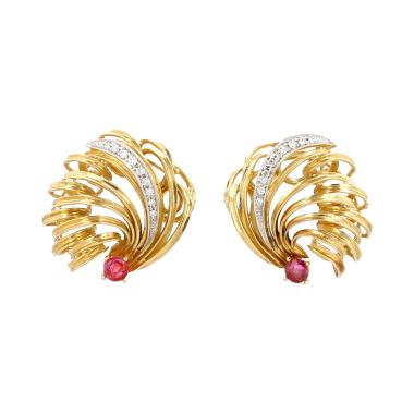 Orecchini a clip Vintage  in oro giallo, oro bianco e diamanti in rubini