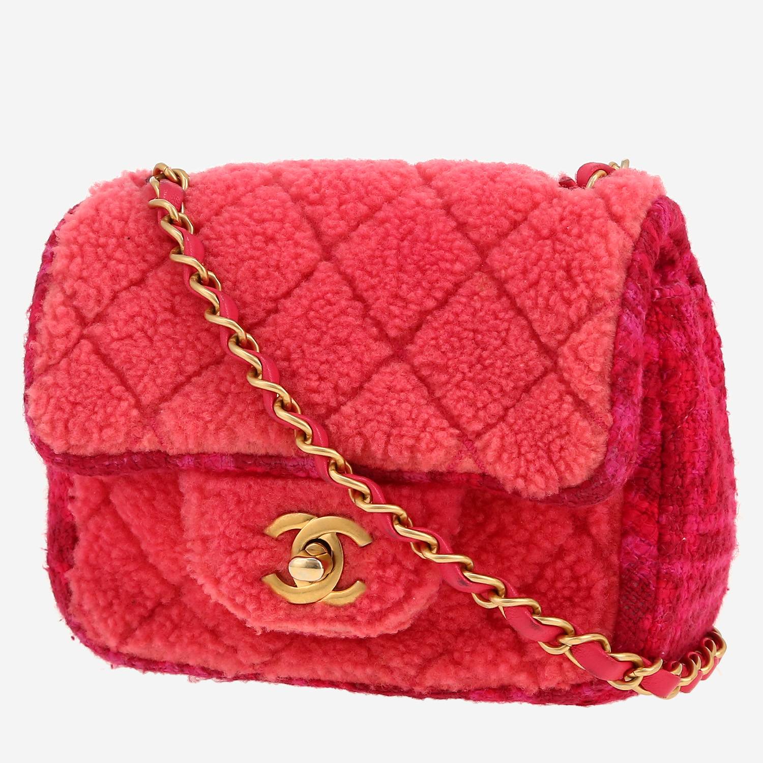 Chanel  Mini Carré handbag  in pink and red tweed  and pink skin-out fur