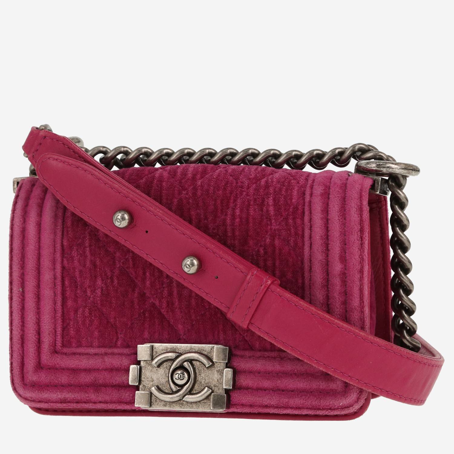 Chanel  Mini Boy shoulder bag  in pink velvet  and pink leather