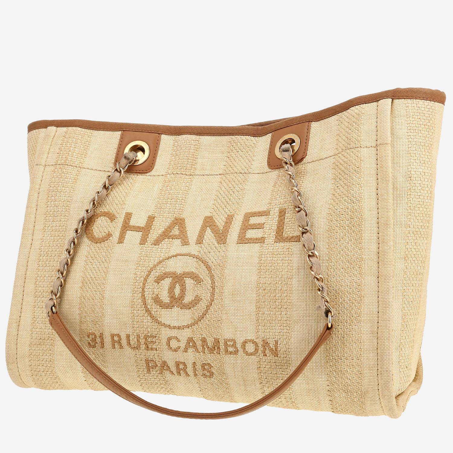 Sac cabas Chanel  Deauville en toile beige et dorée