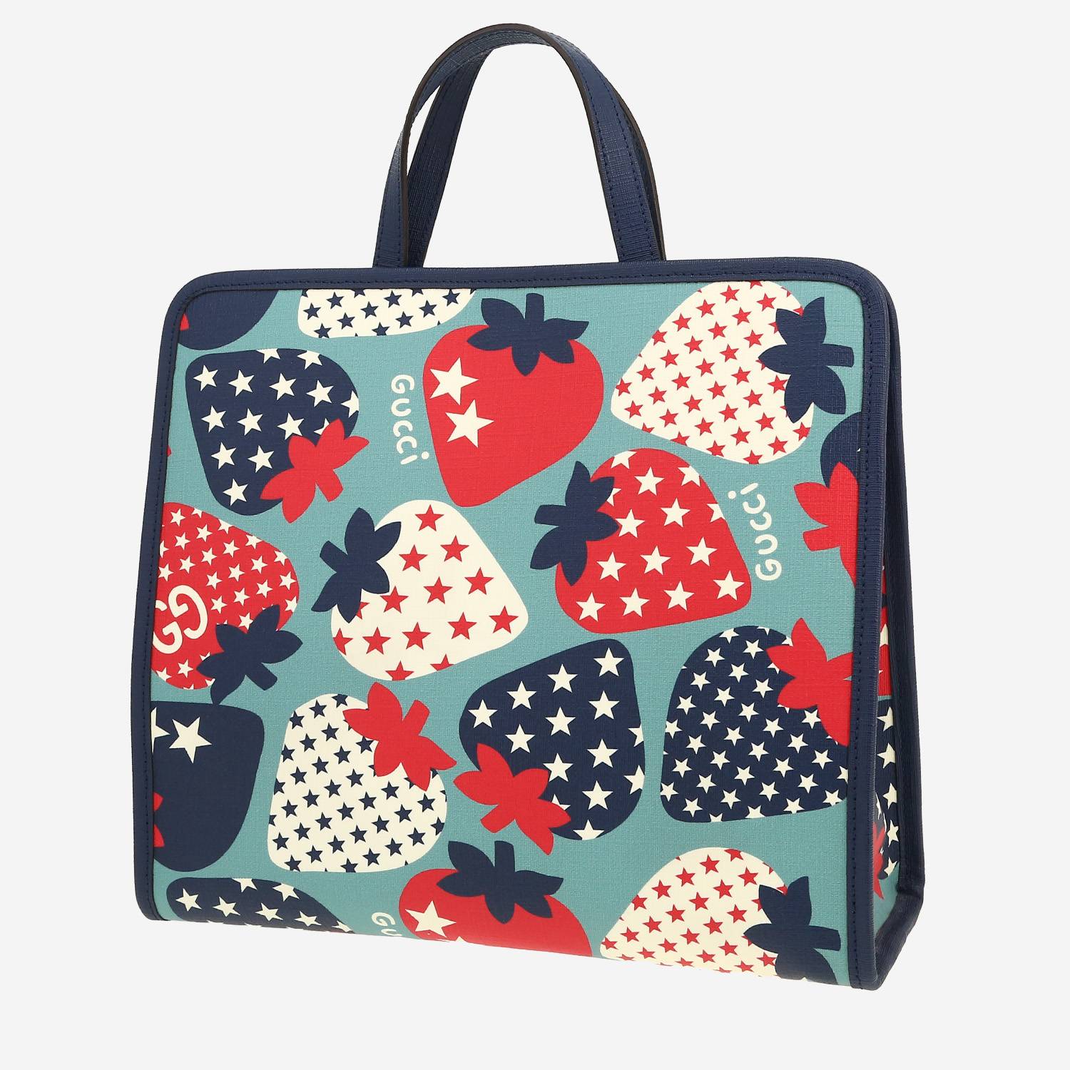 Sac à main Gucci   en toile bleu-ciel rouge et blanche et cuir bleu-marine