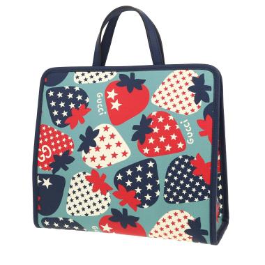 Bolso de mano Gucci   en lona azul claro roja y blanca y cuero azul marino