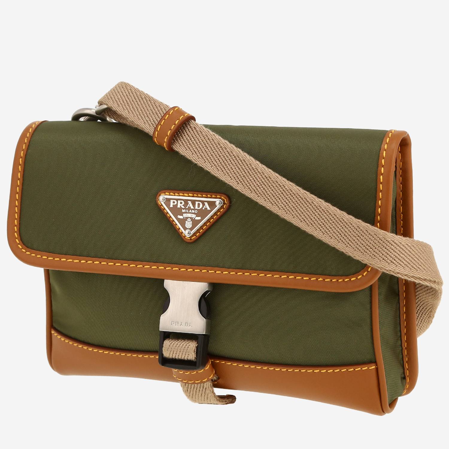 Borsa a tracolla Prada  Re-nylon in tela verde kaki e pelle marrone