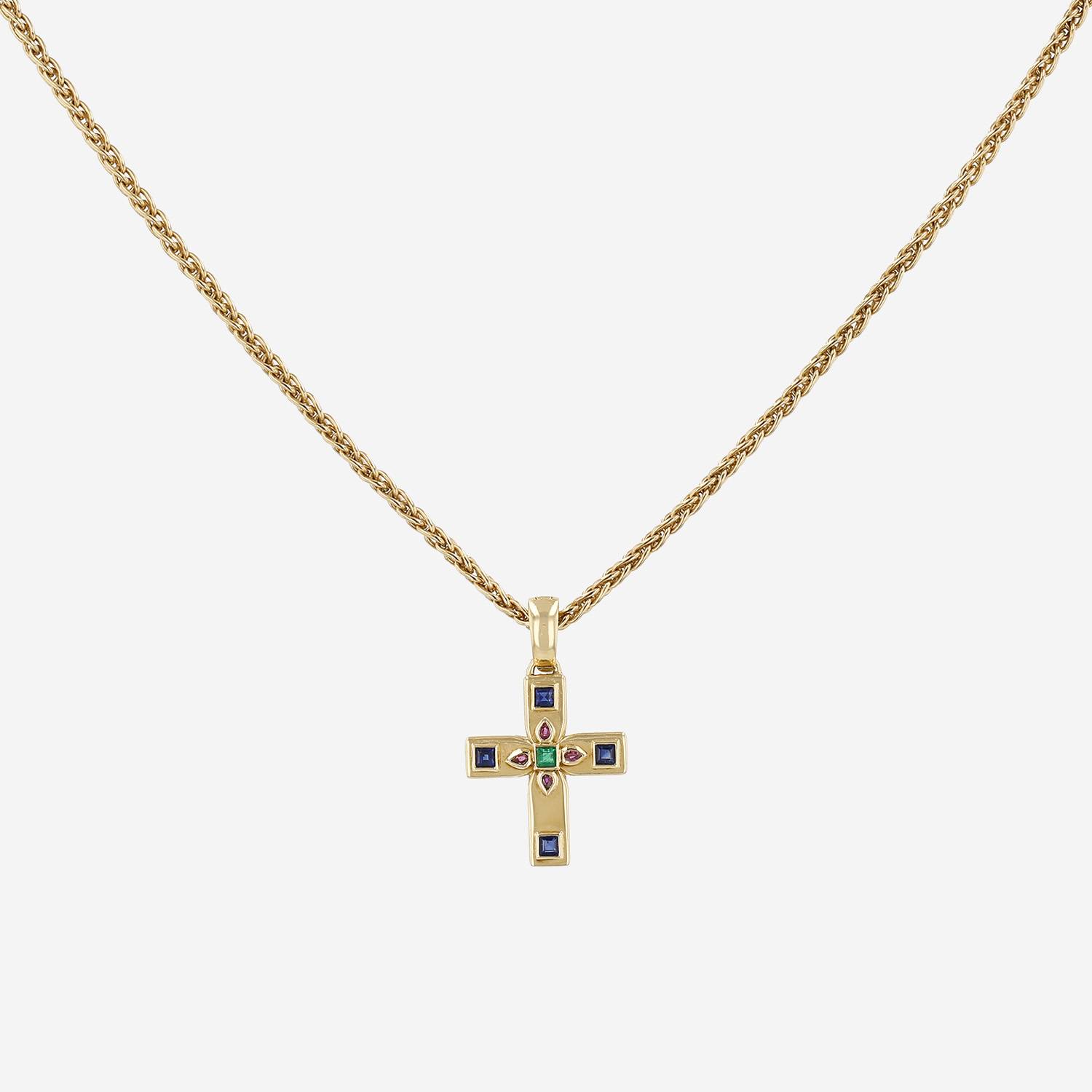 Pendentif années 90 Cartier Byzantine en or jaune, diamants et pierres de couleurs