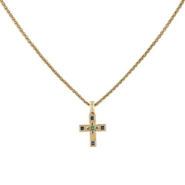 Pendentif années 90 Cartier Byzantine en or jaune, diamants et pierres de couleurs