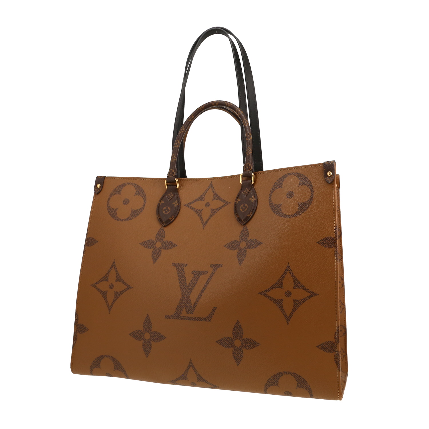 Sac cabas Louis Vuitton  Onthego grand modèle  en toile monogram deux tons marron et cuir noir - Detail D4