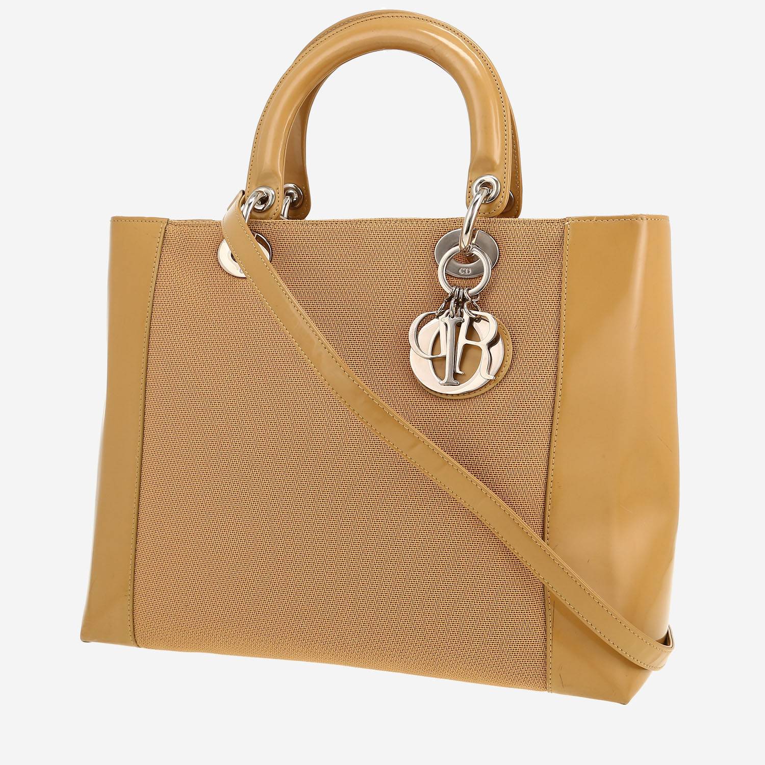 Dior  Lady Dior handbag  in beige patent leather  and beige canvas