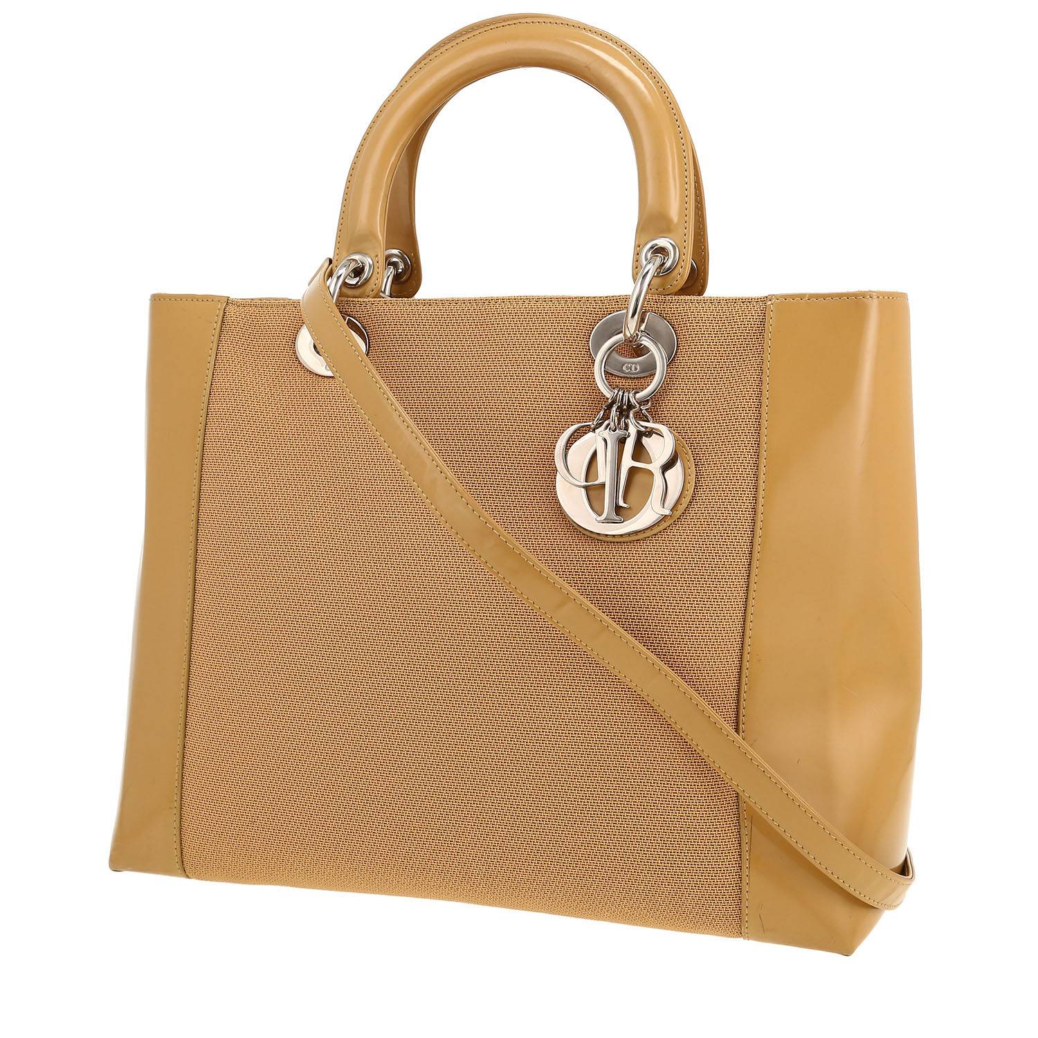 Lady Dior Cuir Verni Beige et Toile – Sac Occasion