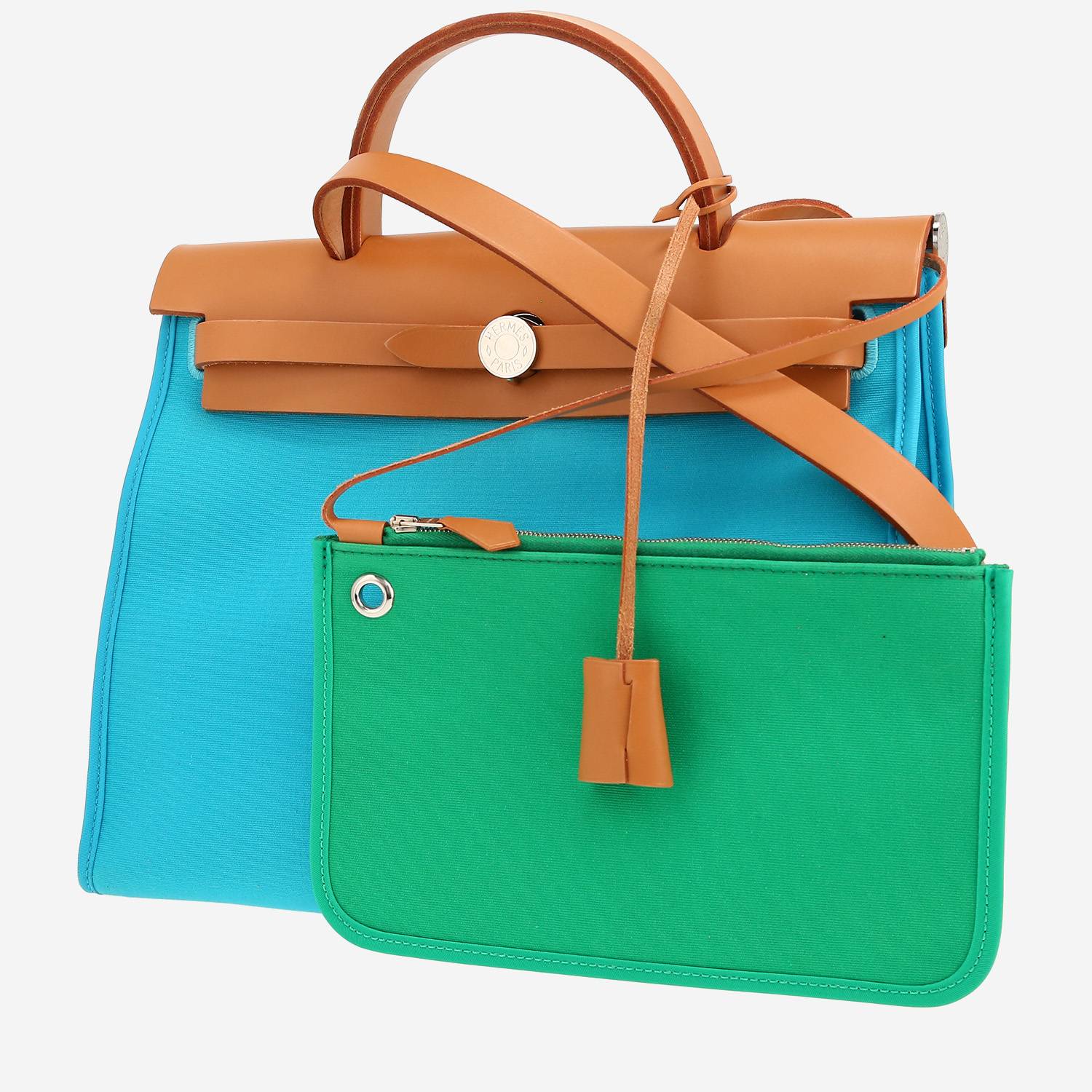 Bolso de mano Hermès  Herbag en lona azul y verde y vaca Hunter