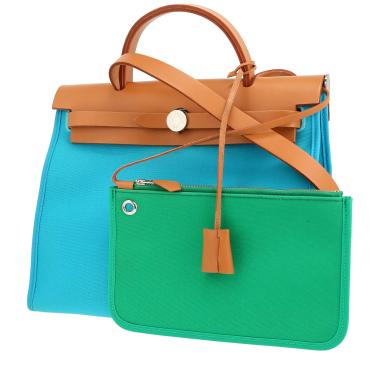Bolso de mano Hermès  Herbag en lona azul y verde y vaca Hunter