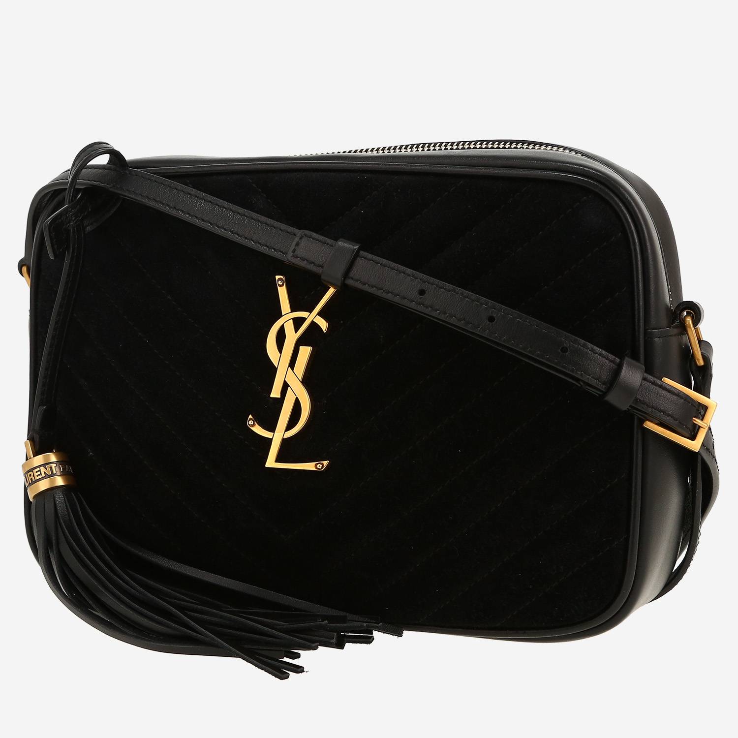 Saint Laurent  Lou Sac Caméra shoulder bag  in black Veau velours  and black leather