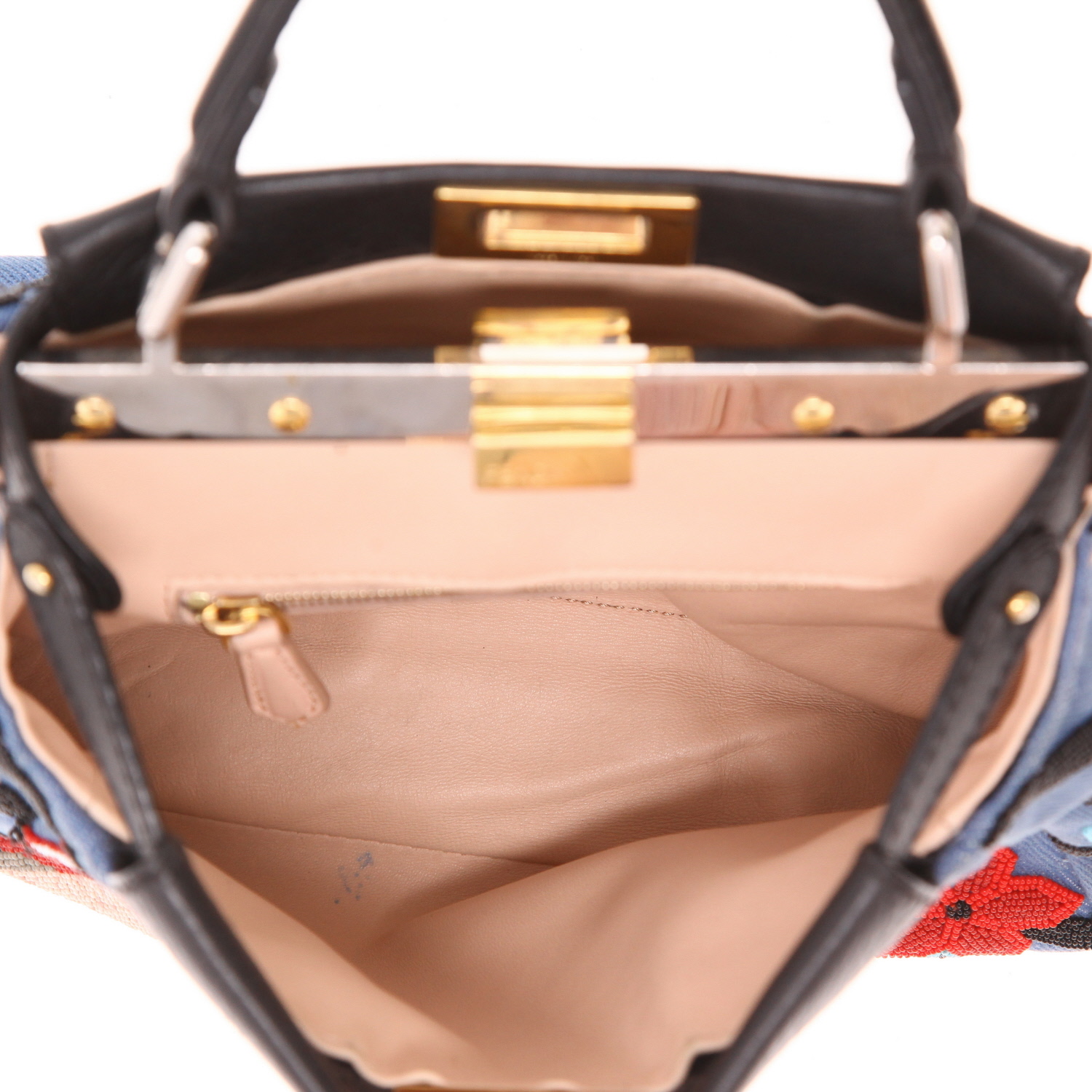 Bolso de mano Fendi  Peekaboo en lona denim azul y cuero negro - Detail D3