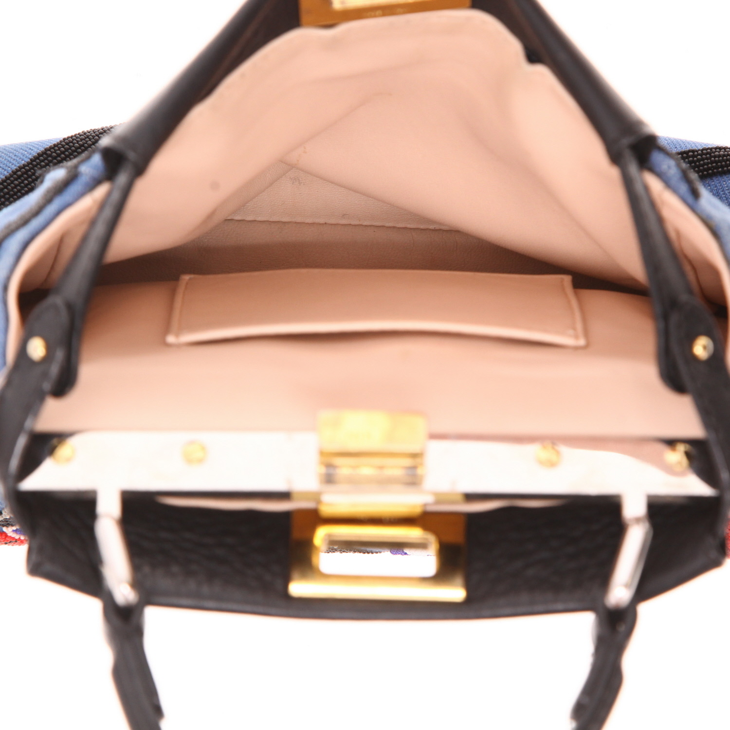 Fendi  Peekaboo handbag  in blue denim canvas  and black leather - Detail D4