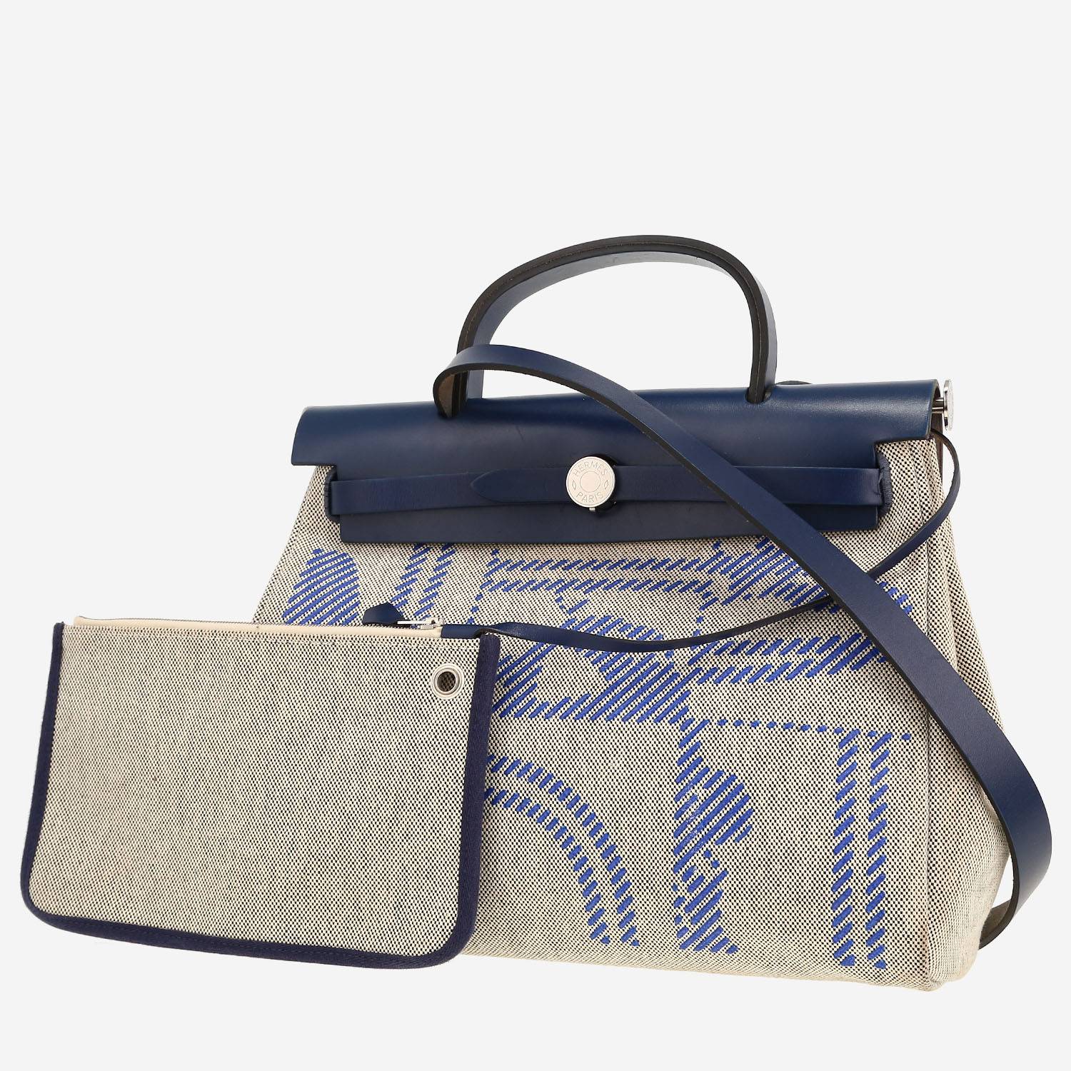 Hermès  Herbag bag worn on the shoulder or carried in the hand  in grey canvas  and navy blue leather