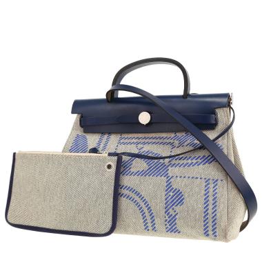 Bolso para llevar al hombro o en la mano Hermès  Herbag en lona gris y cuero azul marino