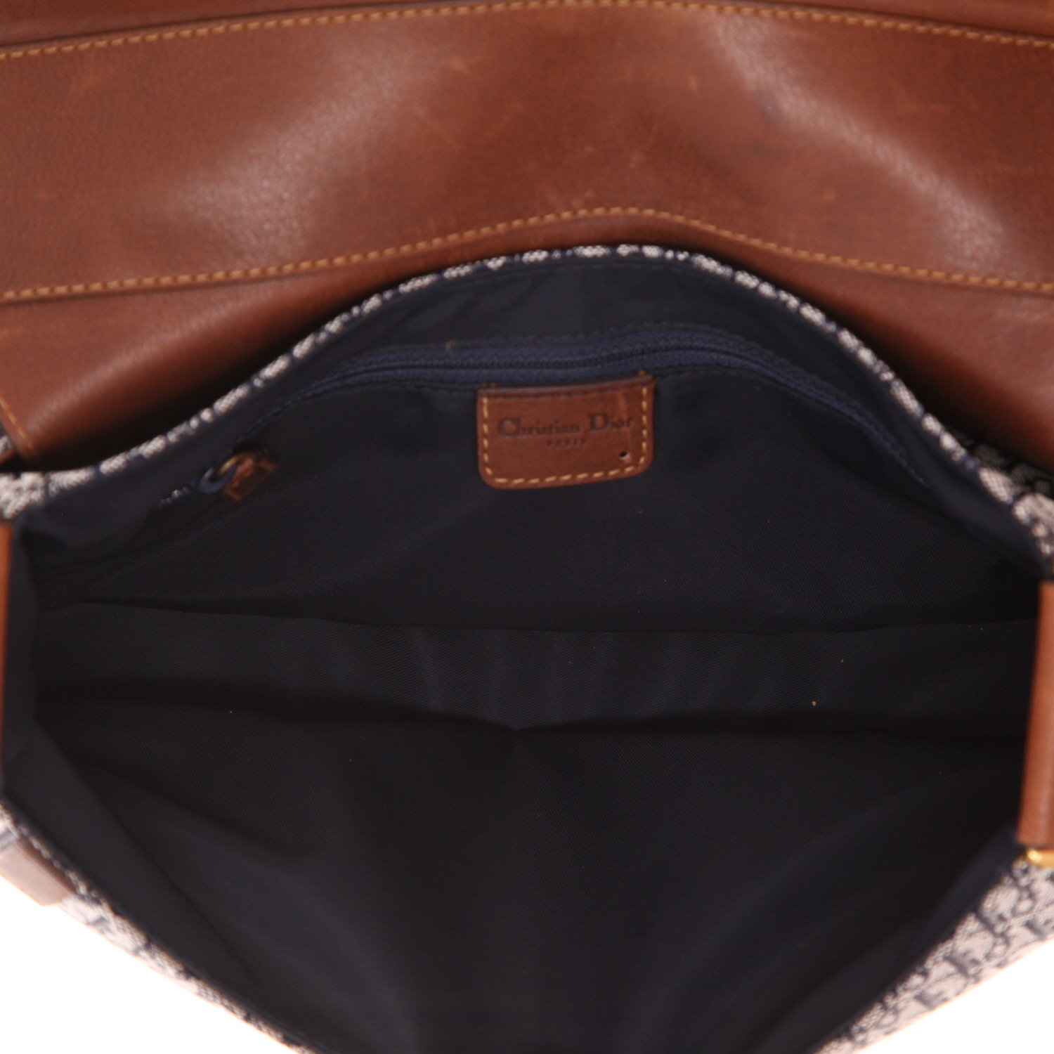Dior  Colombus handbag  in brown leather  and navy blue monogram canvas Oblique - Detail D3