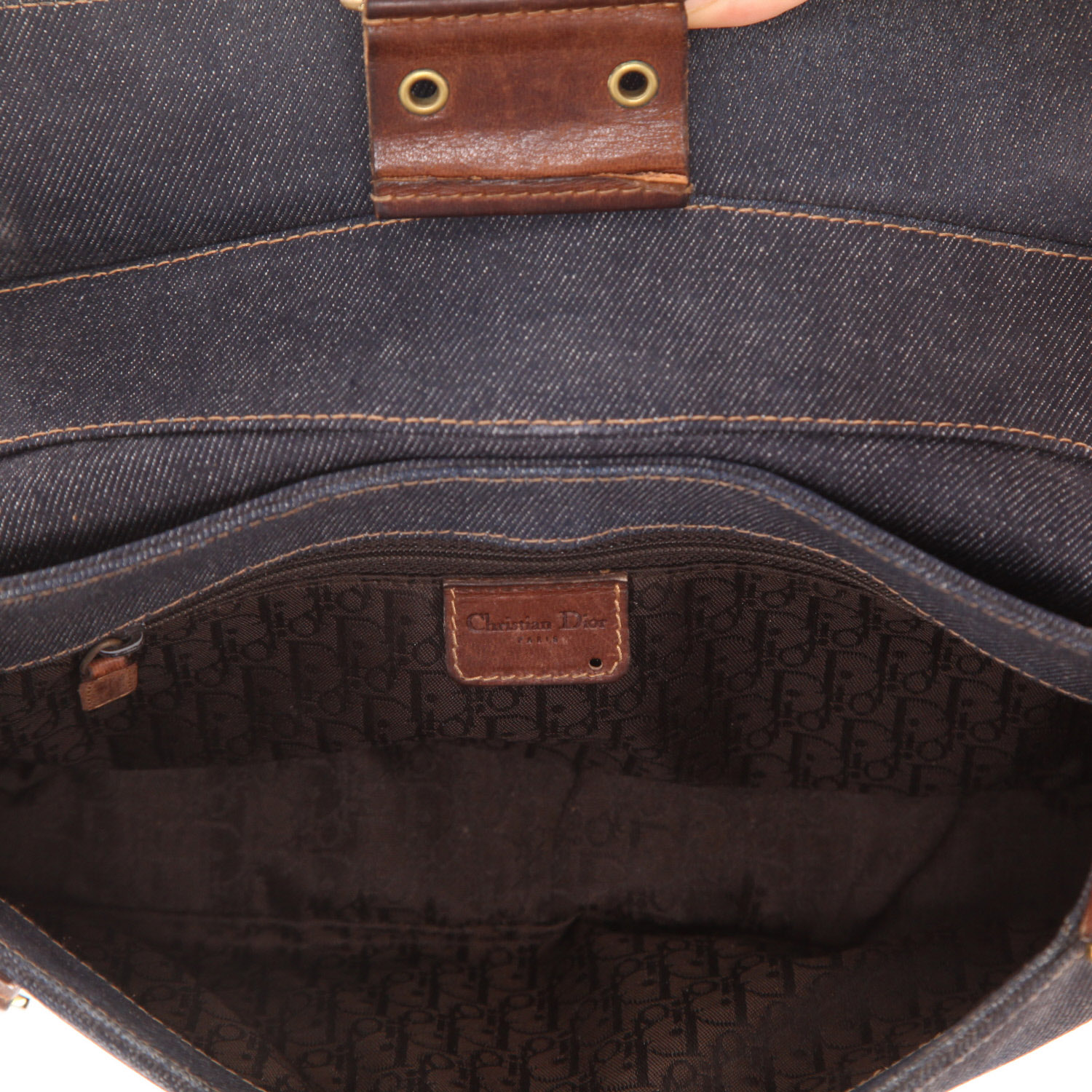 Borsa Dior  Colombus in pelle marrone e tela denim blu - Detail D3
