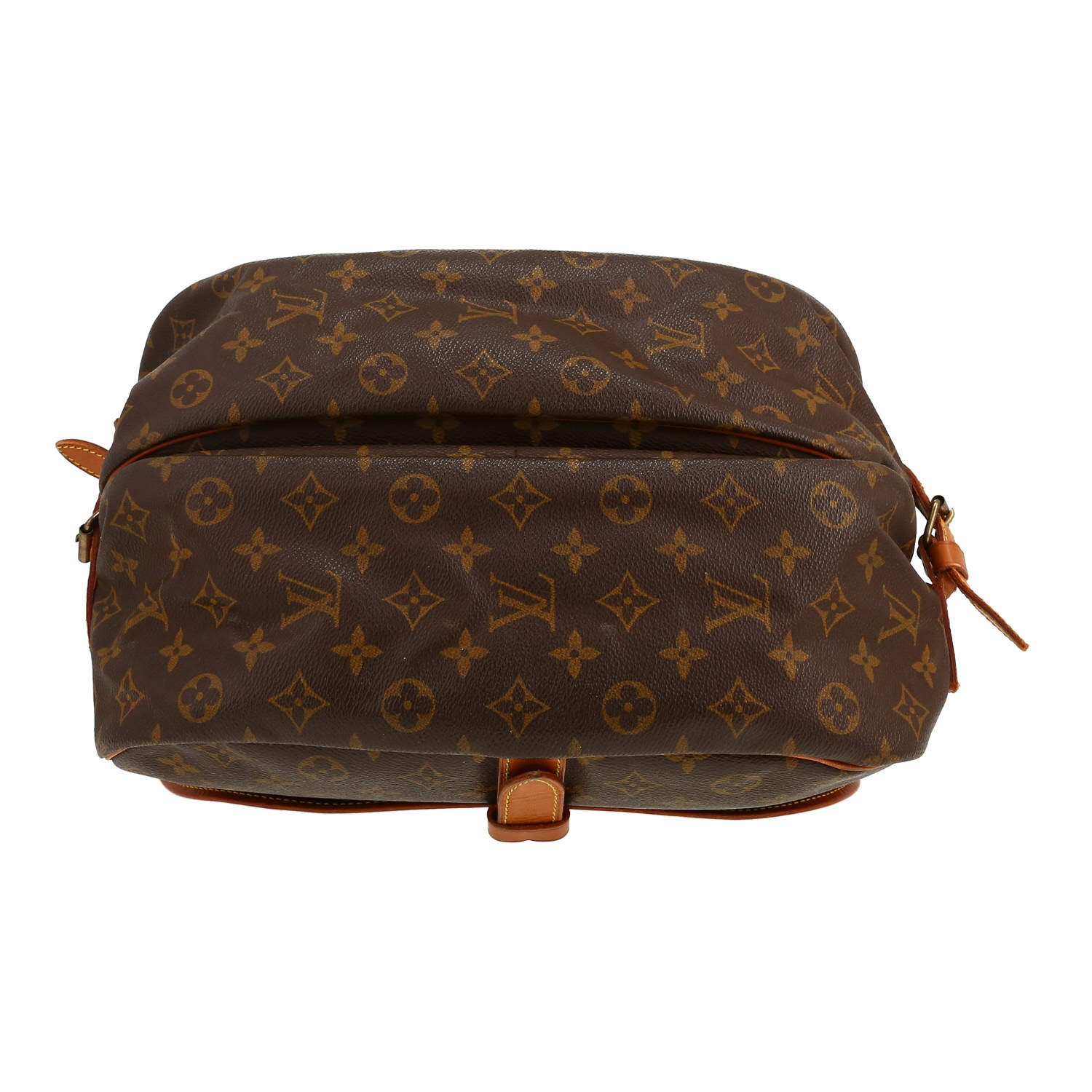 Sac bandoulière Louis Vuitton  Saumur grand modèle  en toile monogram enduite marron et cuir naturel - Detail D1
