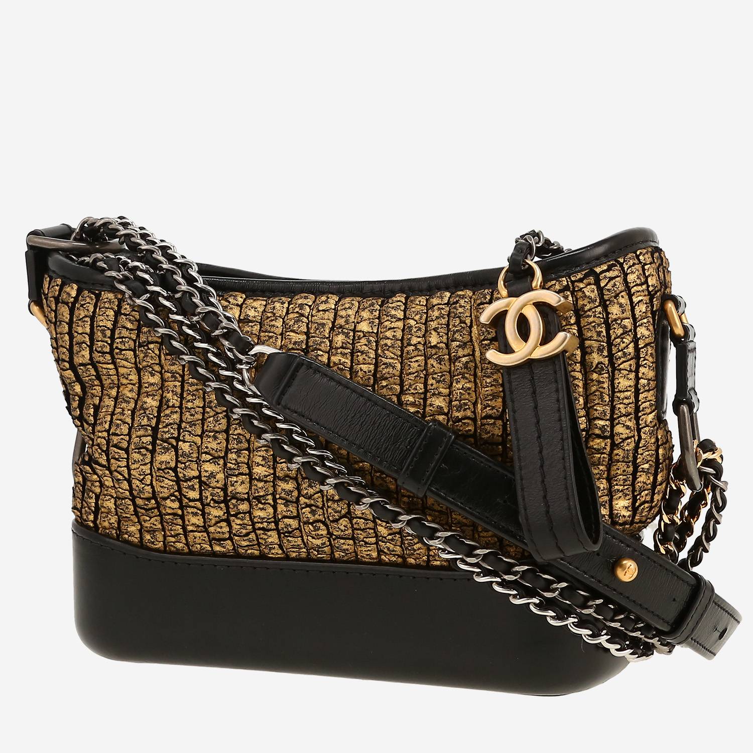 Borsa a tracolla Chanel  Gabrielle  modello piccolo  in tela dorata e pelle nera