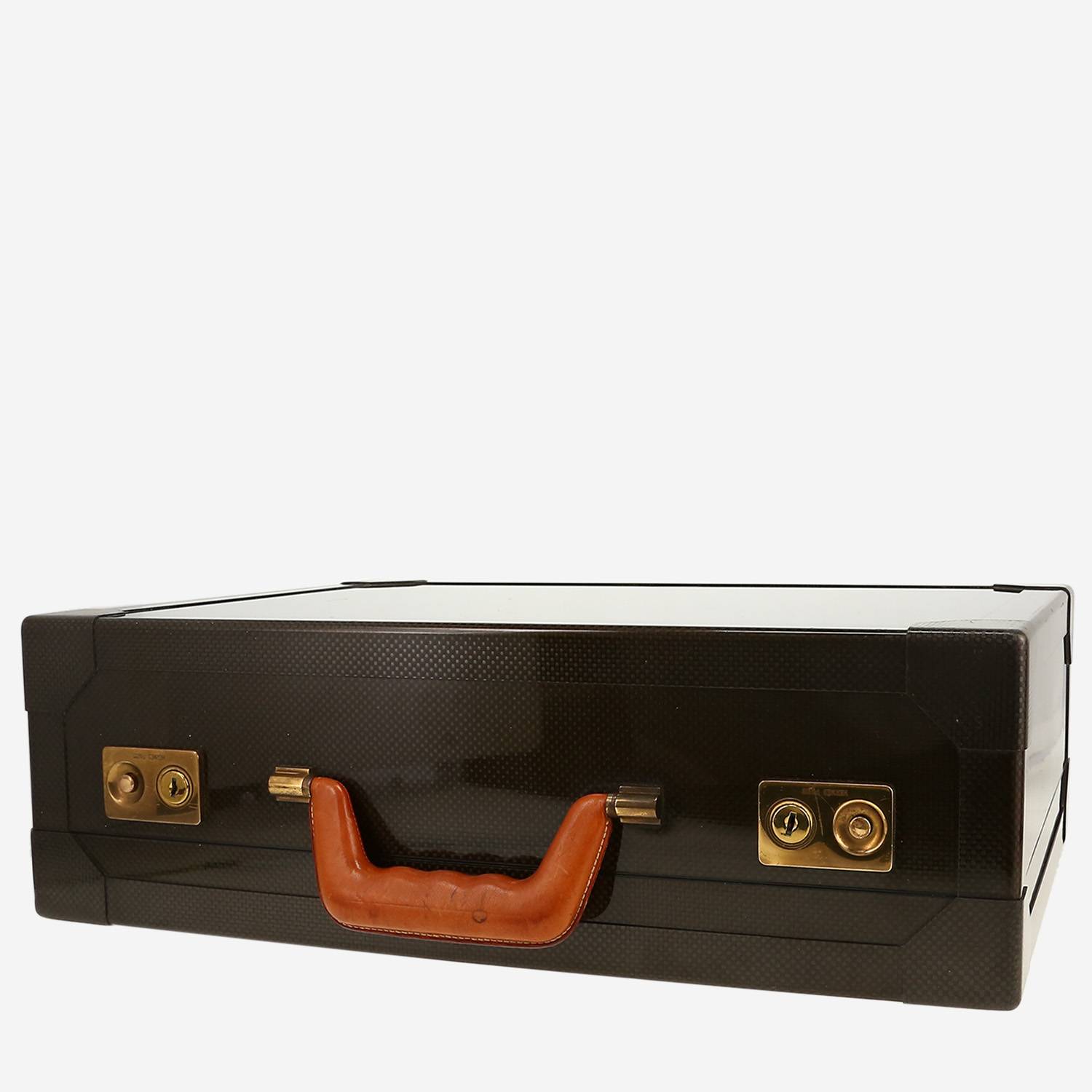 Valise rigide Hermès  Vintage en carbone noir et cuir naturel