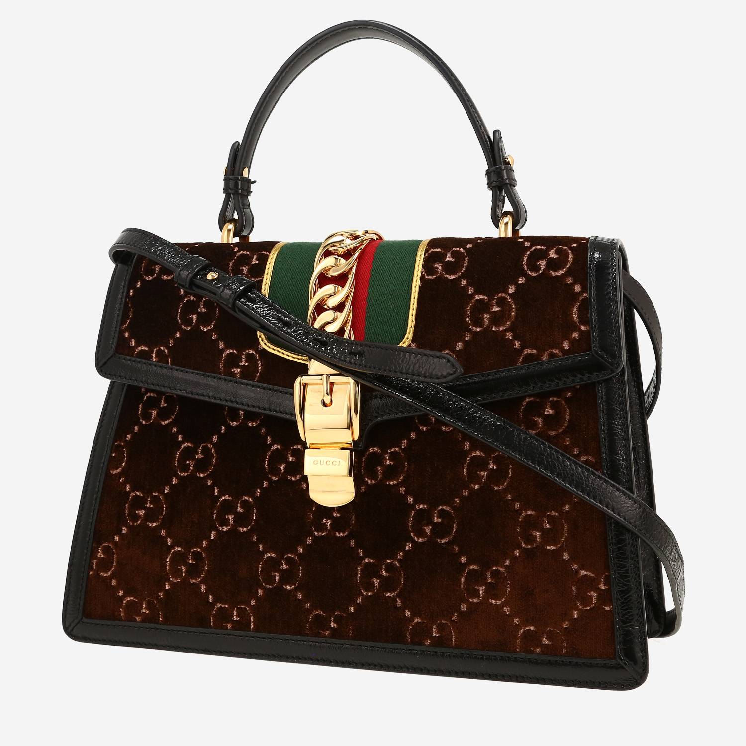 Sac à main Gucci  Sylvie en velours marron et cuir noir