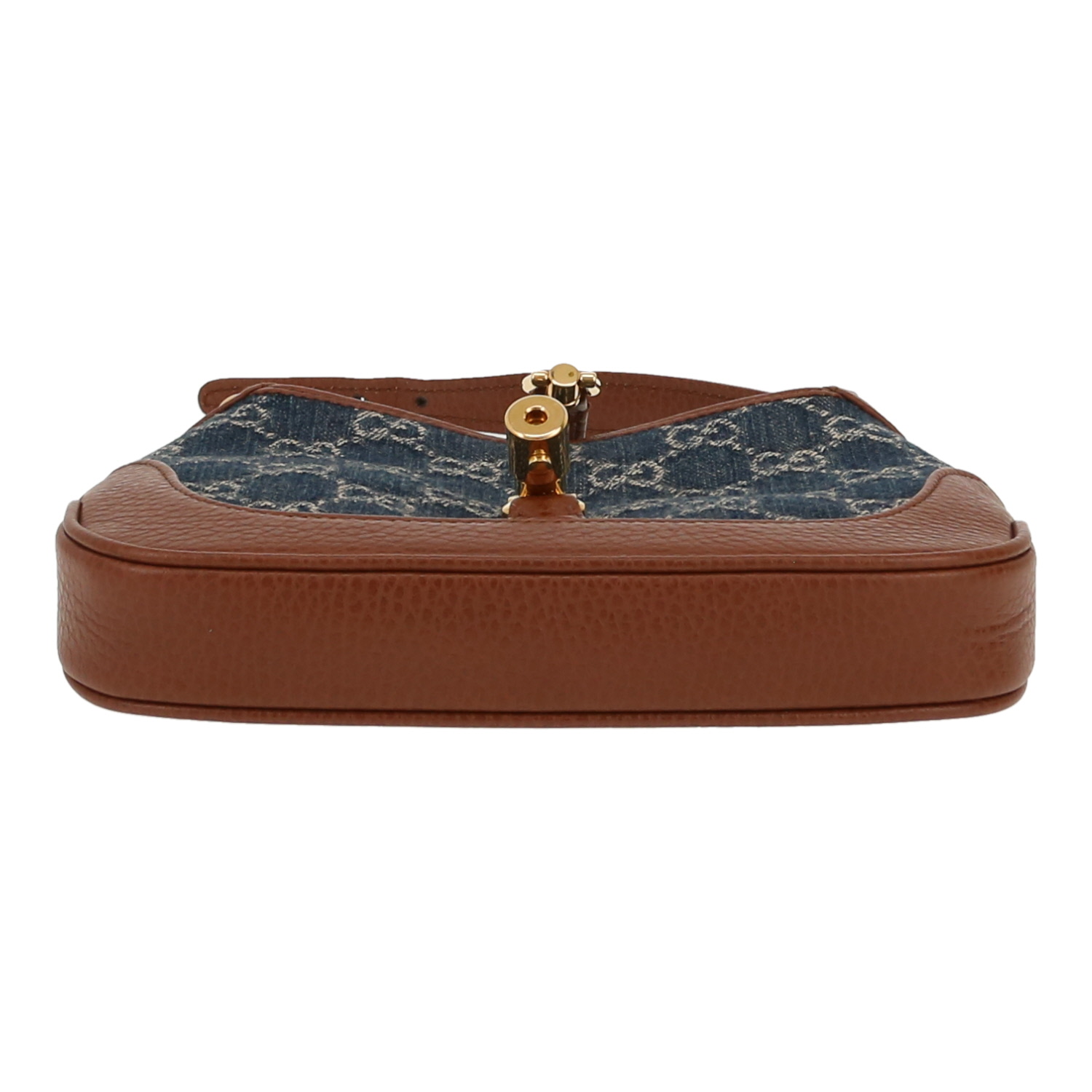 Sac bandoulière Gucci  Jackie mini  en toile denim monogrammée bleue et cuir marron - Detail D1