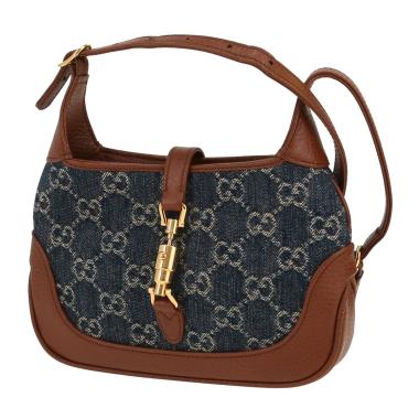 Sac bandoulière Gucci  Jackie mini  en toile denim monogrammée bleue et cuir marron