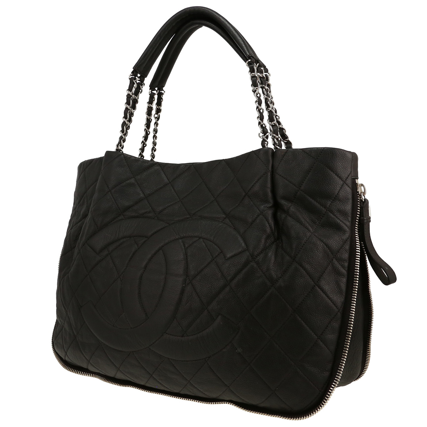 Sac cabas Chanel  Grand Shopping en cuir grainé matelassé noir - Detail D4